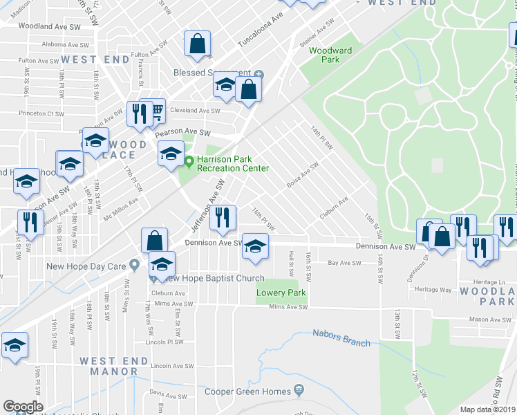 map of restaurants, bars, coffee shops, grocery stores, and more near 1201 16th Place Southwest in Birmingham