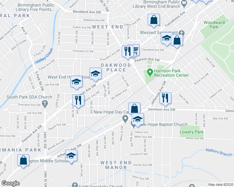 map of restaurants, bars, coffee shops, grocery stores, and more near 1793 Steiner Avenue Southwest in Birmingham