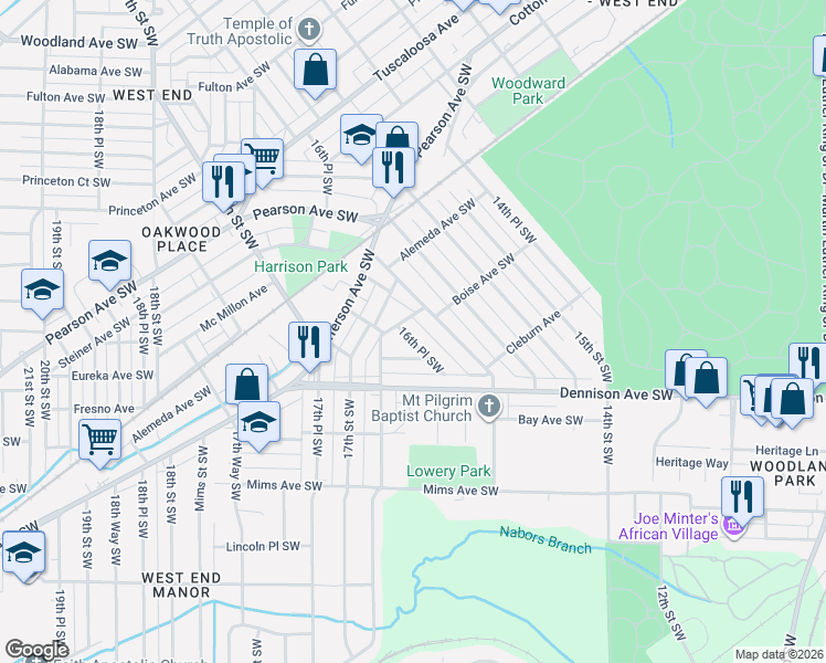map of restaurants, bars, coffee shops, grocery stores, and more near 1201 16th Place Southwest in Birmingham