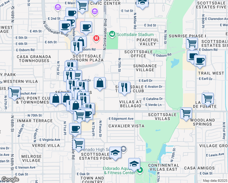map of restaurants, bars, coffee shops, grocery stores, and more near 3031 North Civic Center Plaza in Scottsdale