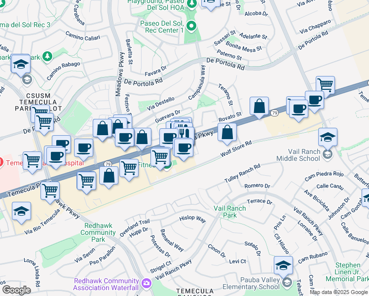 map of restaurants, bars, coffee shops, grocery stores, and more near 32459 California 79 in Temecula