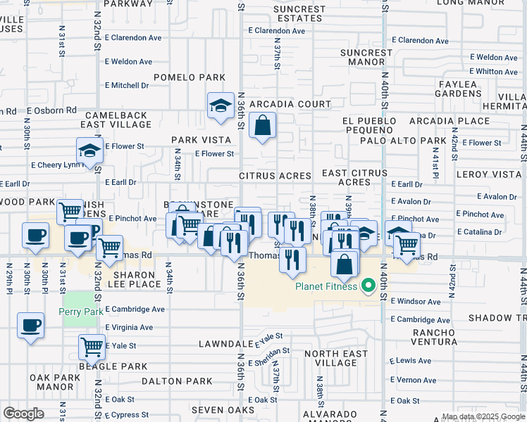 map of restaurants, bars, coffee shops, grocery stores, and more near 3010 North 37th Street in Phoenix
