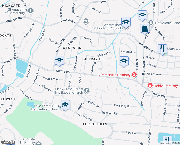 map of restaurants, bars, coffee shops, grocery stores, and more near 760 Oberlin Road in Augusta
