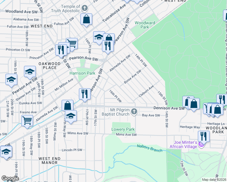 map of restaurants, bars, coffee shops, grocery stores, and more near 1201 16th Place Southwest in Birmingham