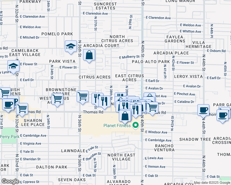 map of restaurants, bars, coffee shops, grocery stores, and more near 3017 North 38th Street in Phoenix