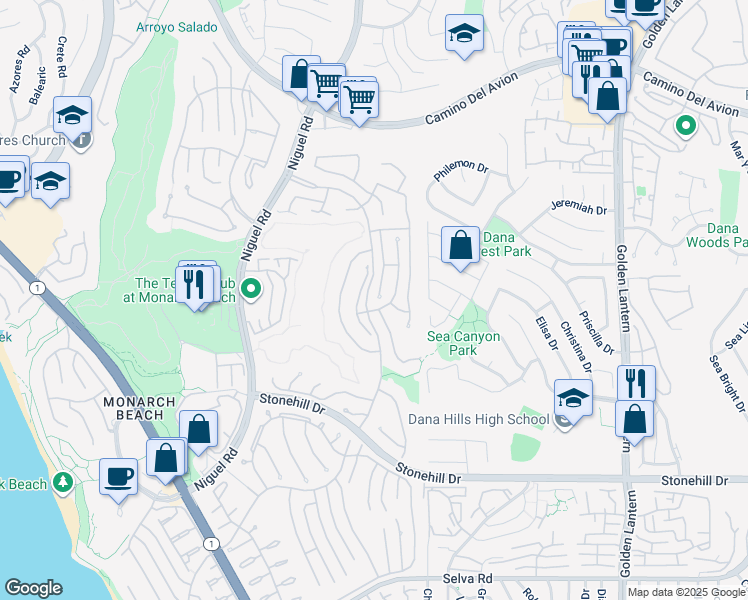 map of restaurants, bars, coffee shops, grocery stores, and more near 51 Saint John in Dana Point