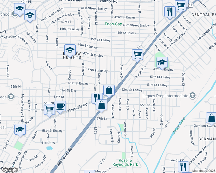 map of restaurants, bars, coffee shops, grocery stores, and more near 5100 Terrace M in Birmingham