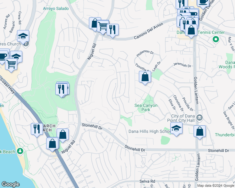 map of restaurants, bars, coffee shops, grocery stores, and more near 51 Saint John in Dana Point