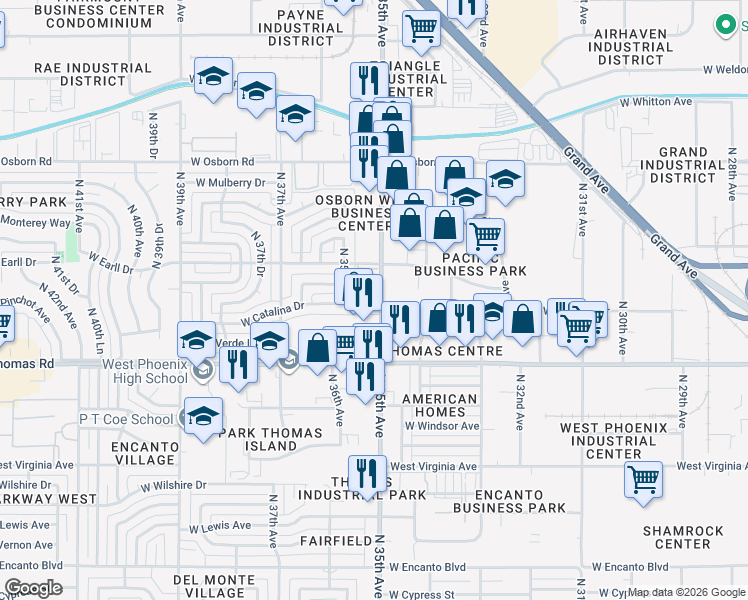 map of restaurants, bars, coffee shops, grocery stores, and more near 3030 North 35th Avenue in Phoenix
