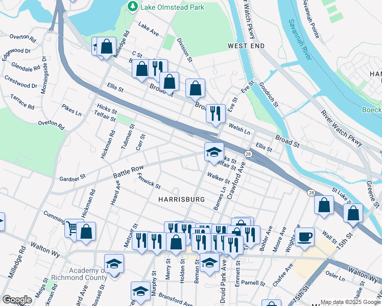 map of restaurants, bars, coffee shops, grocery stores, and more near 1922 Telfair Street in Augusta