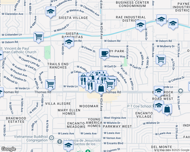 map of restaurants, bars, coffee shops, grocery stores, and more near 4412 West Avalon Drive in Phoenix