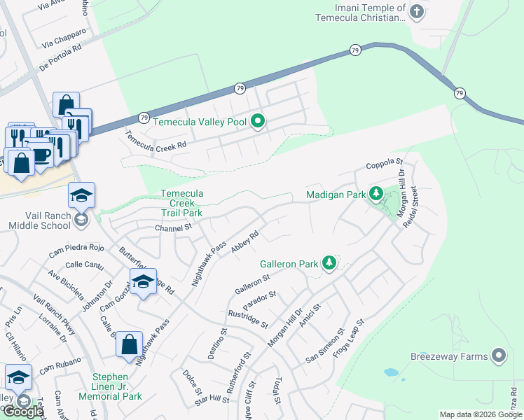 map of restaurants, bars, coffee shops, grocery stores, and more near 44356 Nighthawk Pass in Temecula