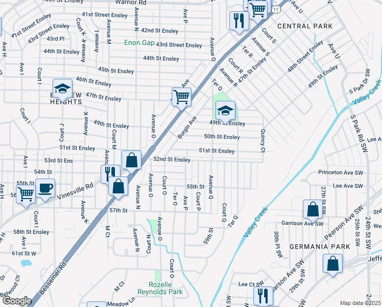 map of restaurants, bars, coffee shops, grocery stores, and more near 1614 51st Street Ensley in Birmingham