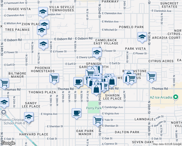 map of restaurants, bars, coffee shops, grocery stores, and more near 3022 North 32nd Street in Phoenix
