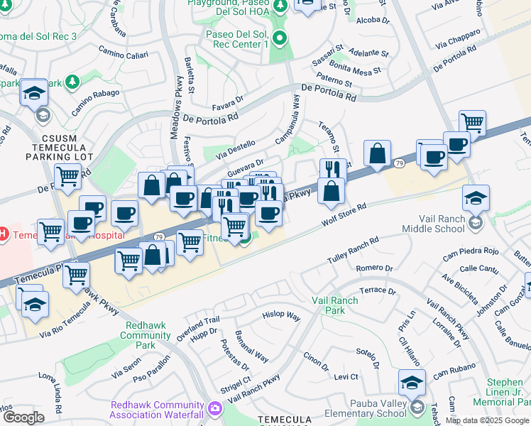 map of restaurants, bars, coffee shops, grocery stores, and more near 32459 California 79 in Temecula