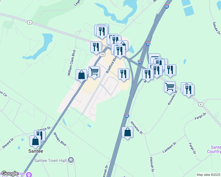 map of restaurants, bars, coffee shops, grocery stores, and more near 27 Andre Michaux Road in Santee