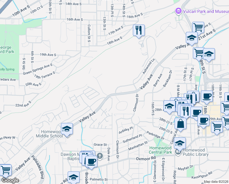 map of restaurants, bars, coffee shops, grocery stores, and more near 1500 Valley View Drive in Birmingham