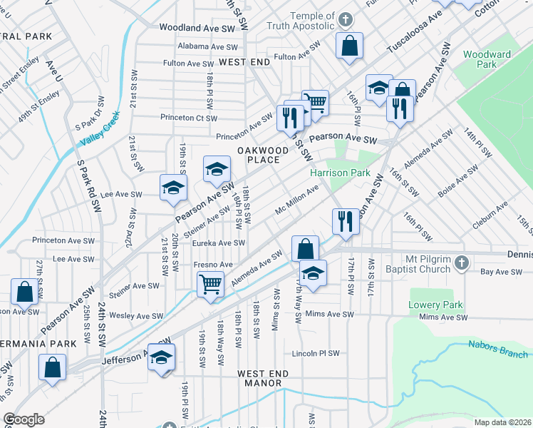 map of restaurants, bars, coffee shops, grocery stores, and more near 1793 Steiner Avenue Southwest in Birmingham