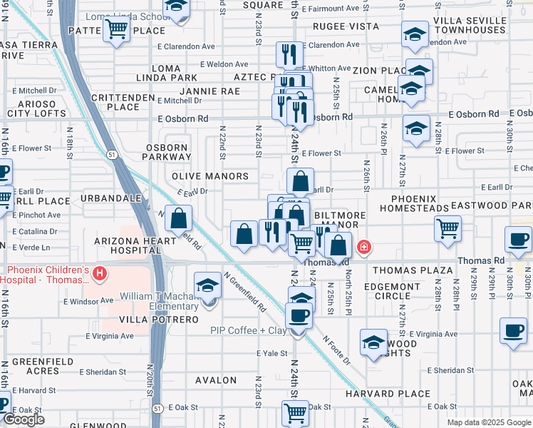 map of restaurants, bars, coffee shops, grocery stores, and more near 2302 East Pinchot Avenue in Phoenix