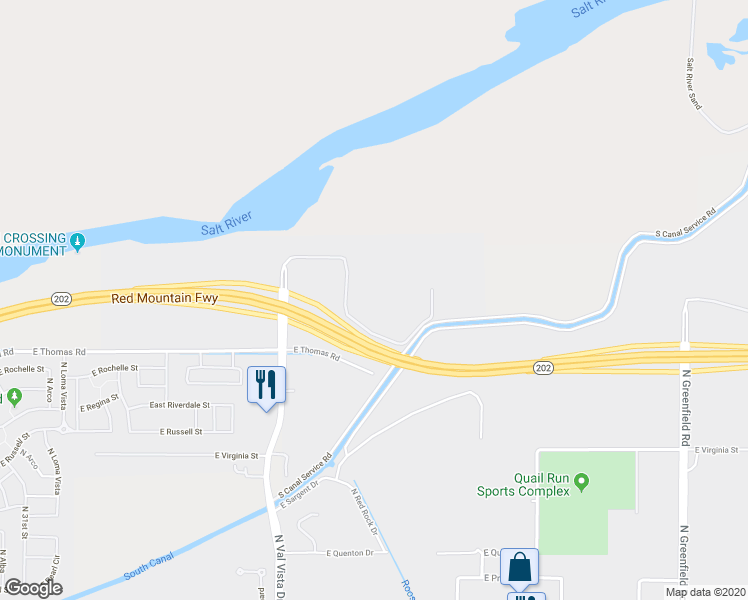 map of restaurants, bars, coffee shops, grocery stores, and more near 3758 East Thomas Road in Mesa