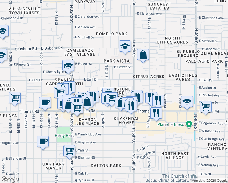 map of restaurants, bars, coffee shops, grocery stores, and more near 3457 East Avalon Drive in Phoenix