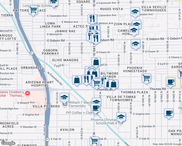 map of restaurants, bars, coffee shops, grocery stores, and more near 3024 North 24th Street in Phoenix