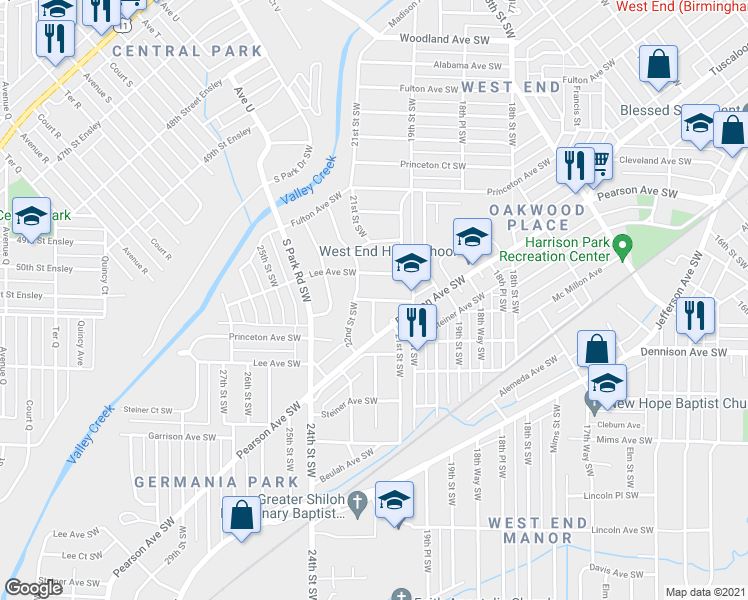 map of restaurants, bars, coffee shops, grocery stores, and more near 2148 Pearson Court Southwest in Birmingham