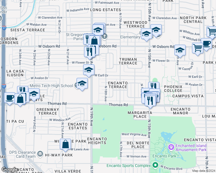 map of restaurants, bars, coffee shops, grocery stores, and more near 3011 North 18th Avenue in Phoenix
