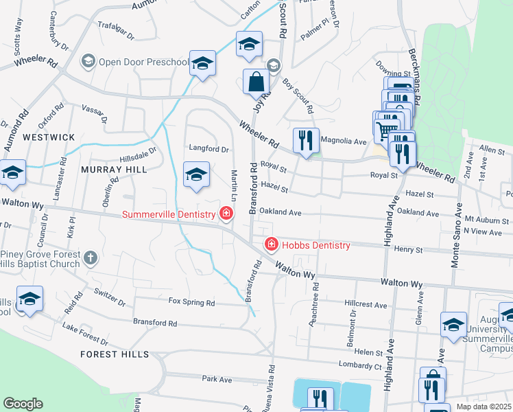 map of restaurants, bars, coffee shops, grocery stores, and more near 708 Bransford Road in Augusta