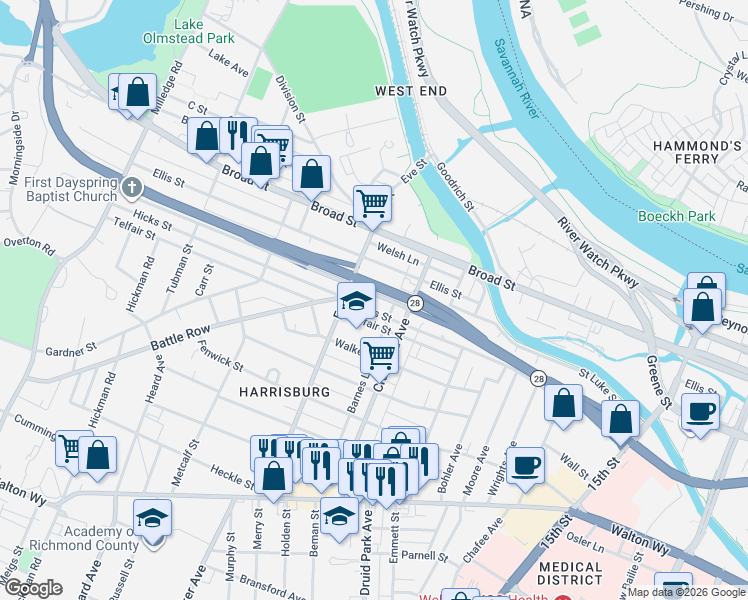 map of restaurants, bars, coffee shops, grocery stores, and more near 1838 Greene Street in Augusta