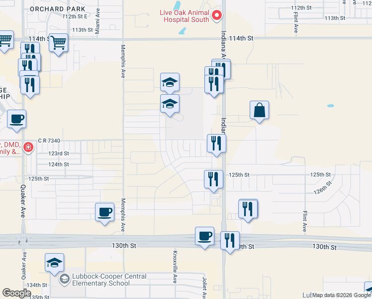 map of restaurants, bars, coffee shops, grocery stores, and more near 122nd Street in Lubbock