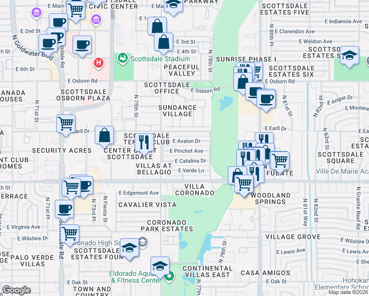 map of restaurants, bars, coffee shops, grocery stores, and more near 7707 East Avalon Drive in Scottsdale