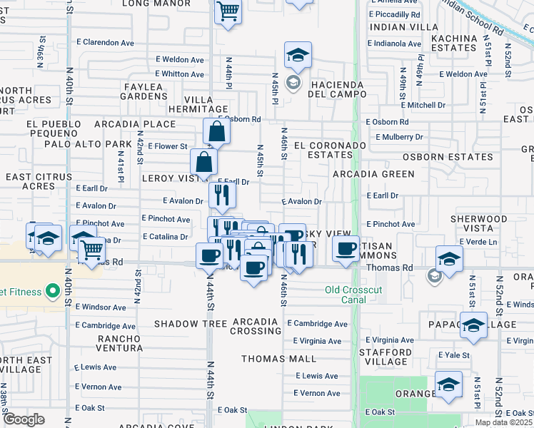 map of restaurants, bars, coffee shops, grocery stores, and more near 3020 North 46th Street in Phoenix