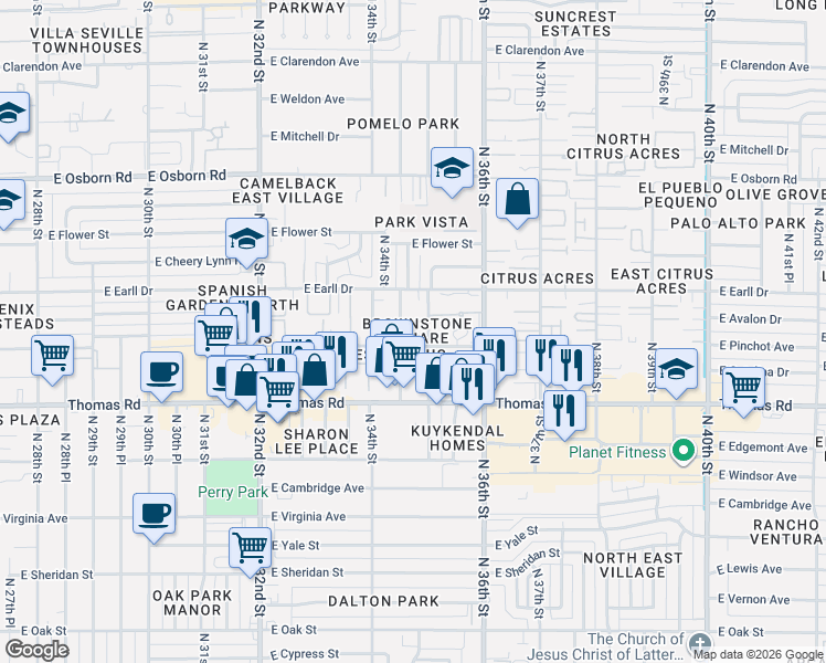 map of restaurants, bars, coffee shops, grocery stores, and more near 3457 East Avalon Drive in Phoenix