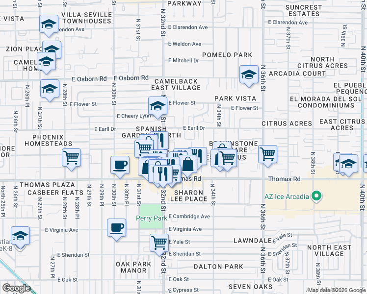 map of restaurants, bars, coffee shops, grocery stores, and more near 2320 East Pinchot Avenue in Phoenix