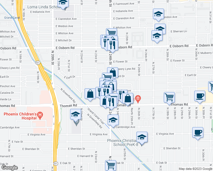 map of restaurants, bars, coffee shops, grocery stores, and more near 3032 North 24th Street in Phoenix