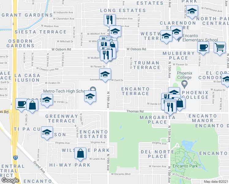 map of restaurants, bars, coffee shops, grocery stores, and more near 2953 North 19th Avenue in Phoenix