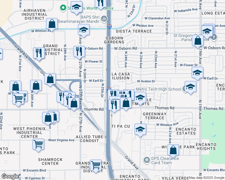 map of restaurants, bars, coffee shops, grocery stores, and more near 3001 North Black Canyon Highway in Phoenix