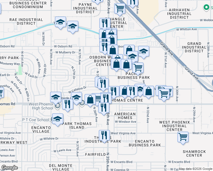 map of restaurants, bars, coffee shops, grocery stores, and more near 3019 North 35th Avenue in Phoenix