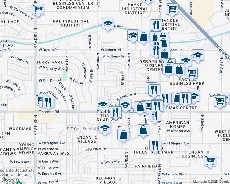 map of restaurants, bars, coffee shops, grocery stores, and more near 3032 North 37th Drive in Phoenix