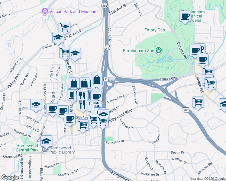 map of restaurants, bars, coffee shops, grocery stores, and more near 3 Pamona Avenue in Birmingham