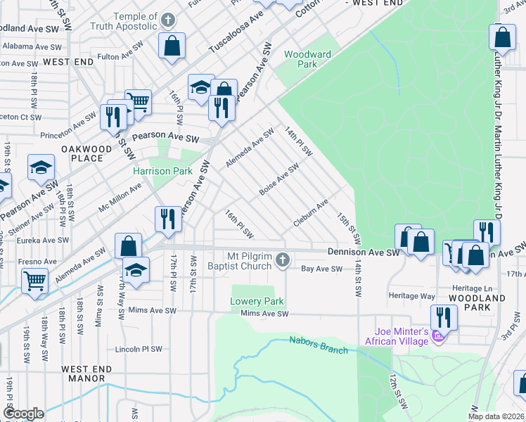 map of restaurants, bars, coffee shops, grocery stores, and more near 1205 16th Street Southwest in Birmingham
