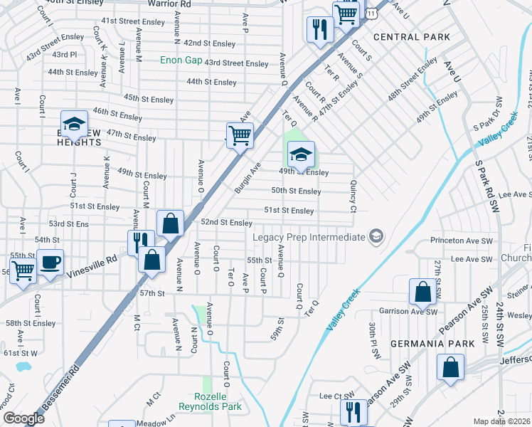 map of restaurants, bars, coffee shops, grocery stores, and more near 1614 51st Street Ensley in Birmingham