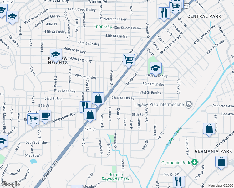 map of restaurants, bars, coffee shops, grocery stores, and more near 1425 Bessemer Road in Birmingham