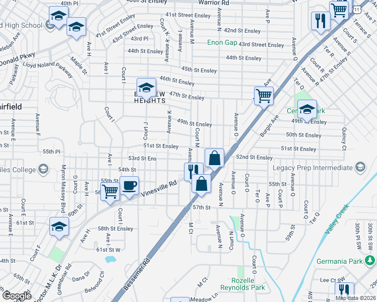 map of restaurants, bars, coffee shops, grocery stores, and more near 1137 51st Street Ensley in Birmingham