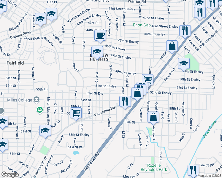 map of restaurants, bars, coffee shops, grocery stores, and more near 1101 51st Street Ensley in Birmingham