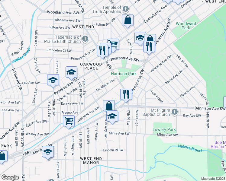 map of restaurants, bars, coffee shops, grocery stores, and more near 913 17th Place Southwest in Birmingham