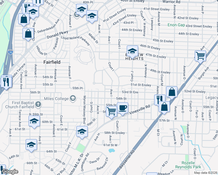 map of restaurants, bars, coffee shops, grocery stores, and more near 821 51st Street Ensley in Birmingham