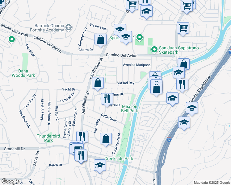 map of restaurants, bars, coffee shops, grocery stores, and more near 33042 Lighthouse Court in San Juan Capistrano
