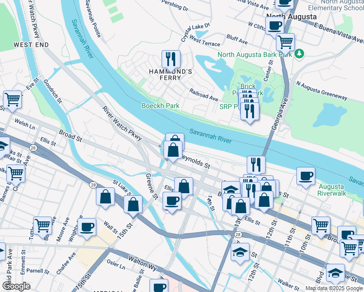map of restaurants, bars, coffee shops, grocery stores, and more near 1433 Waters Edge Drive in Augusta